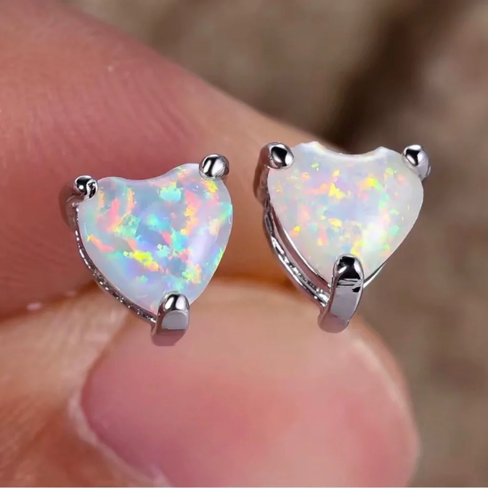 Heart Shaped White Opal Stud Earrings in Silver